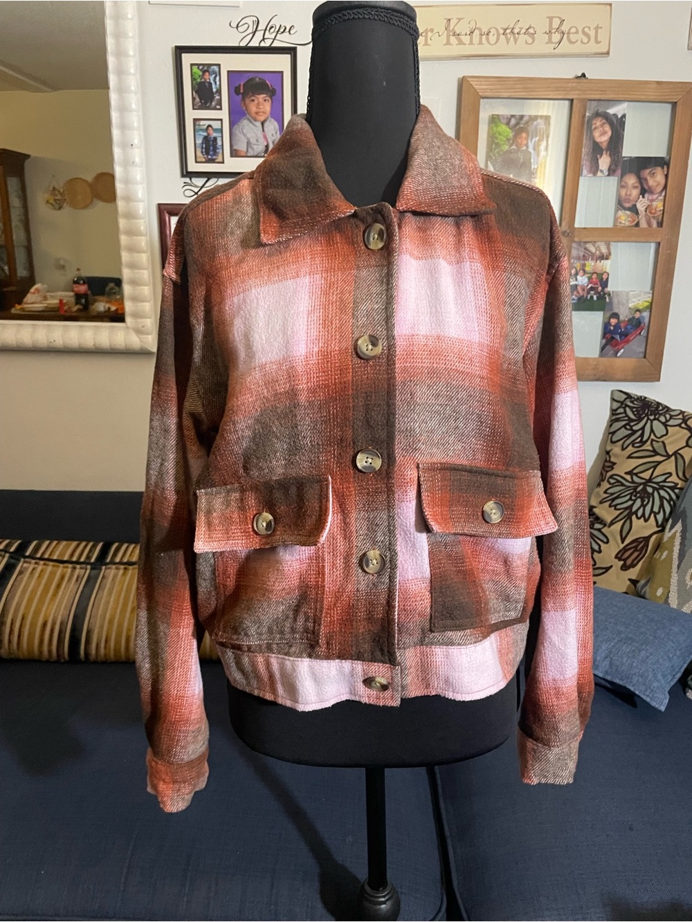 Womens Plaid Button-Front Jacket in Rust Pink